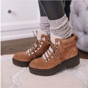 MARC FISHER NWOT Nairy Lace-Up Suede Hiking Boots, Camel Brown, Size 8.5